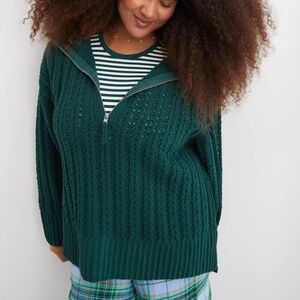 Aerie Cable Car Quarter Zip Sweater in Deep Forest Green - Size Small